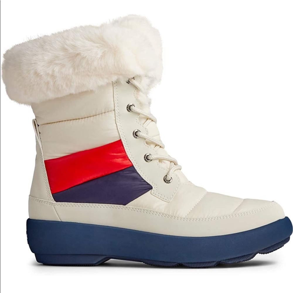 NWT - Sperry Women's Bearing Plushwave Boots Nautical Stripe Nylon Snow - Picture 2 of 6